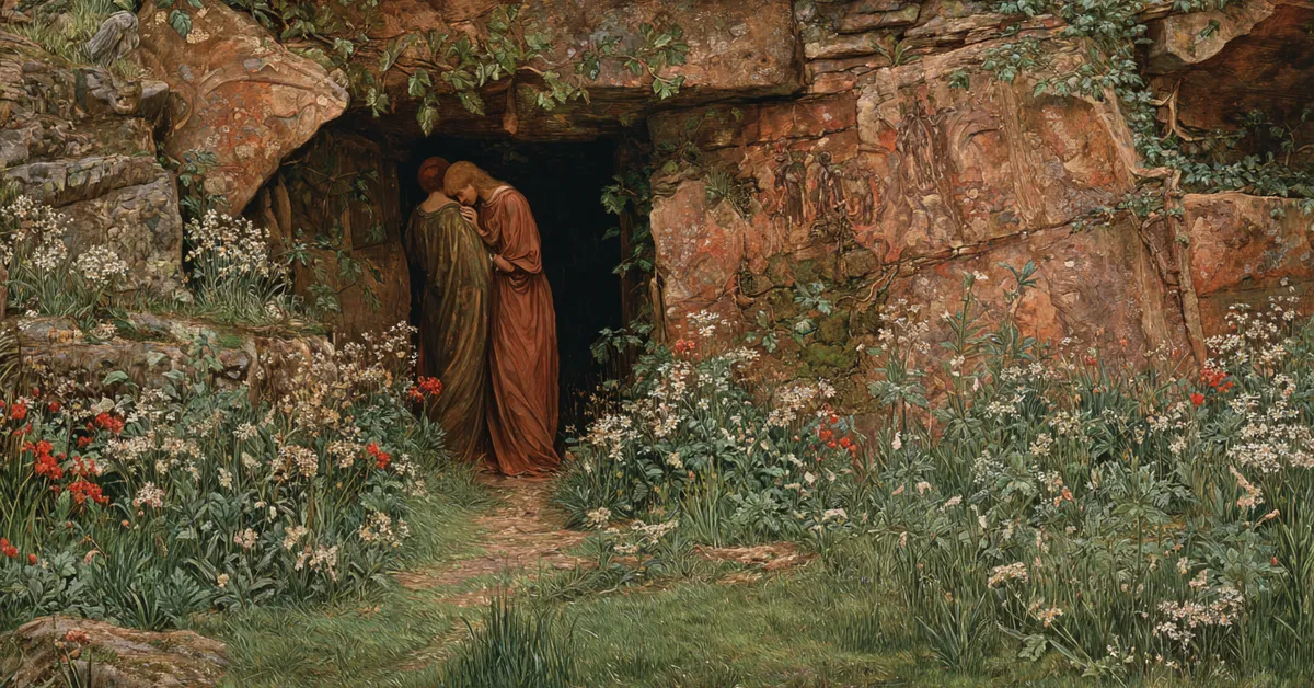 Mossy cave entrance with wildflowers hinting at the secluded refuge of Act 3 Scene 3