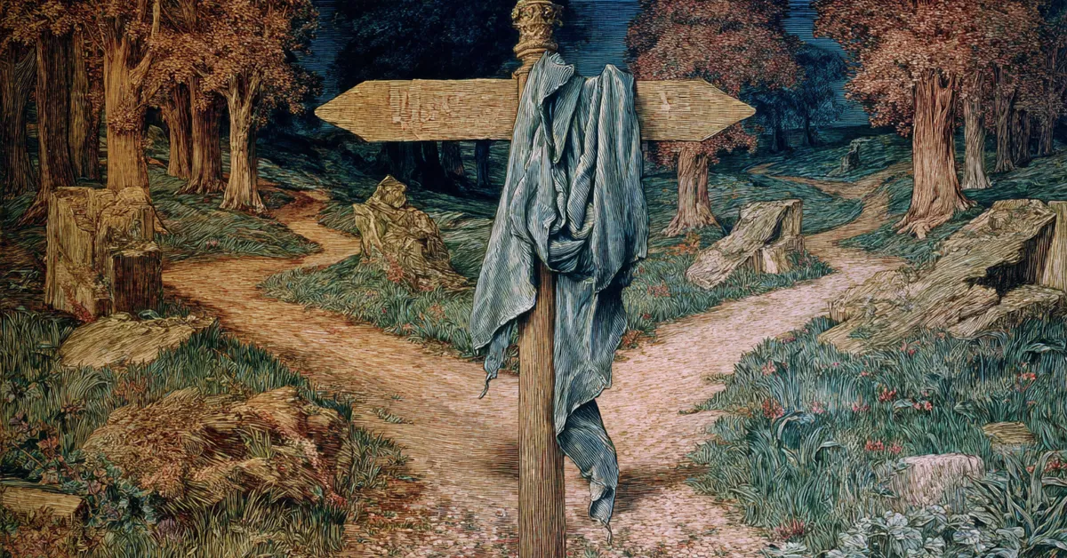 Forest crossroad marked by a torn piece of fabric pointing to the choices in Act 3 Scene 4