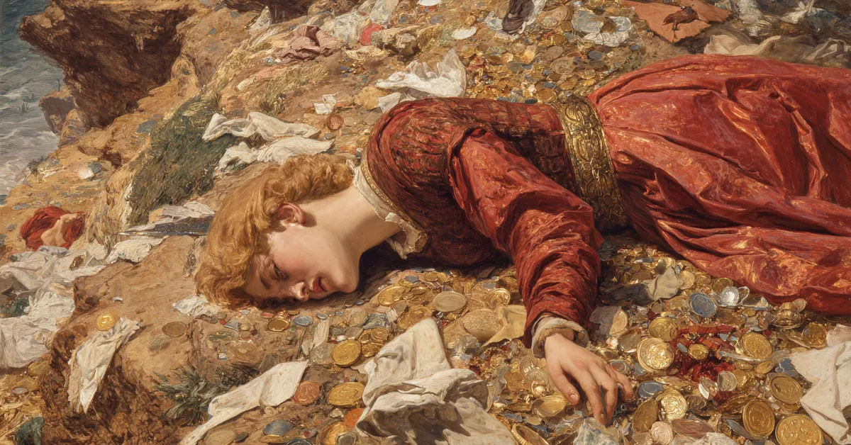 Seaside cliff with scattered tokens symbolizing the exposure and danger in Act 3 Scene 5