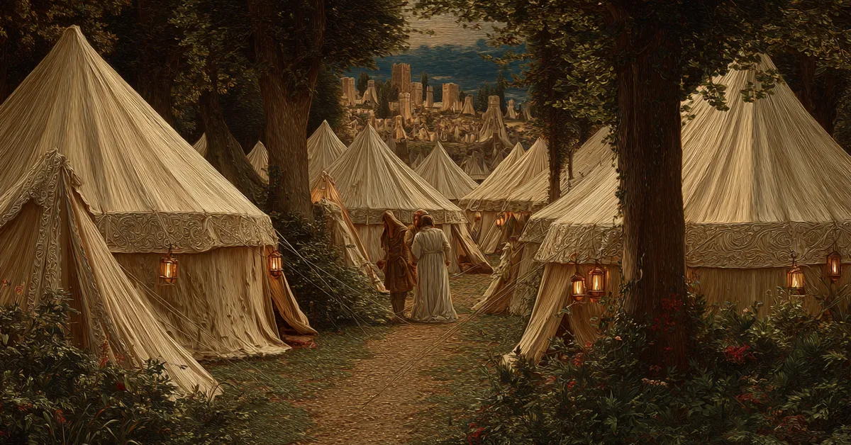 Cluster of camp tents with lantern glow reflecting the hidden movements in Act 3 Scene 6