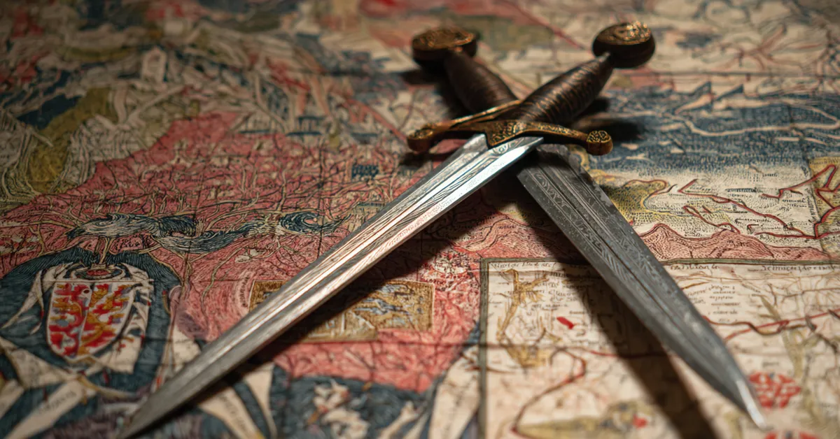 Battle map beside crossed symbolic blades suggesting the planning in Act 3 Scene 7