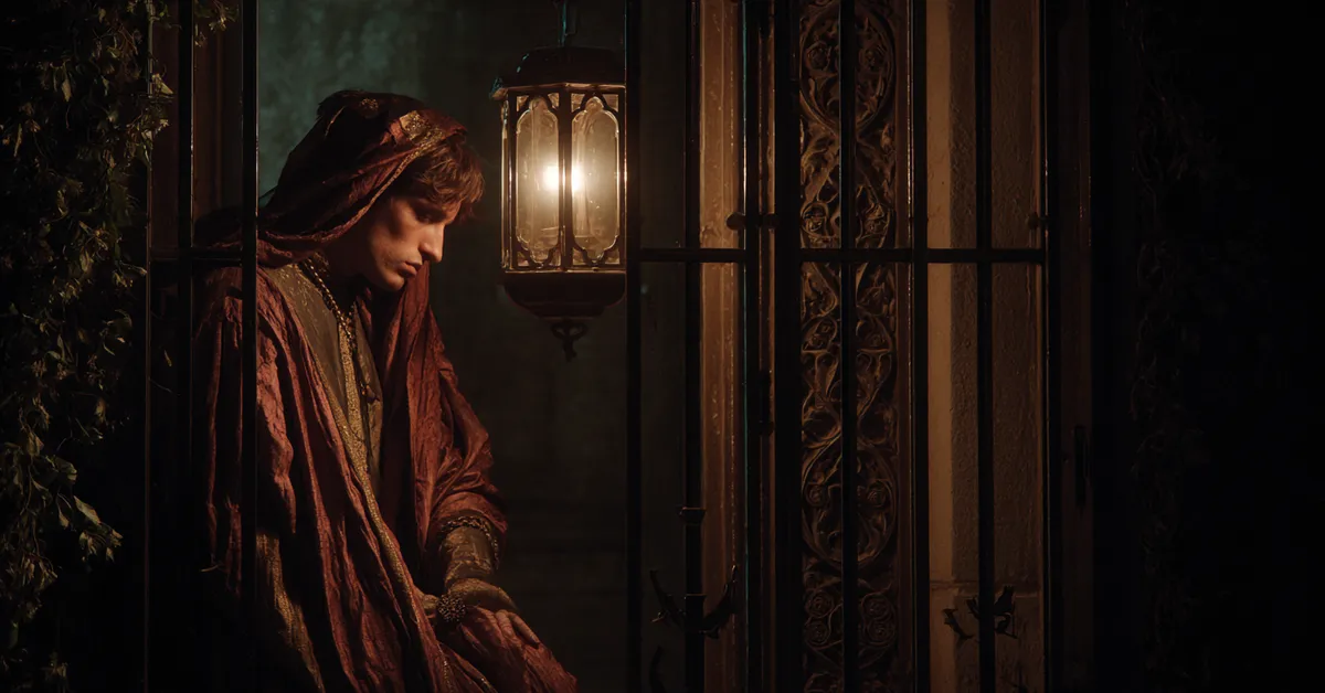 Dark cell door illuminated by a single lantern evoking the confinement in Act 4 Scene 1