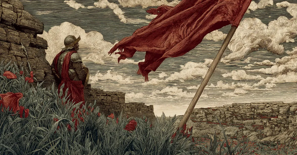 Roman camp pennant blowing in the wind referencing the military setting of Act 4 Scene 3