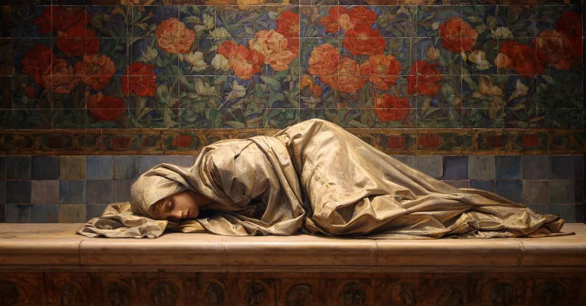 Silent altar with a folded cloak representing the solemnity of Act 5 Scene 1