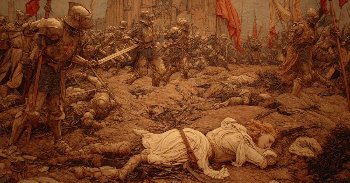 Dusty battlefield with a raised standard capturing the clash of Act 5 Scene 2