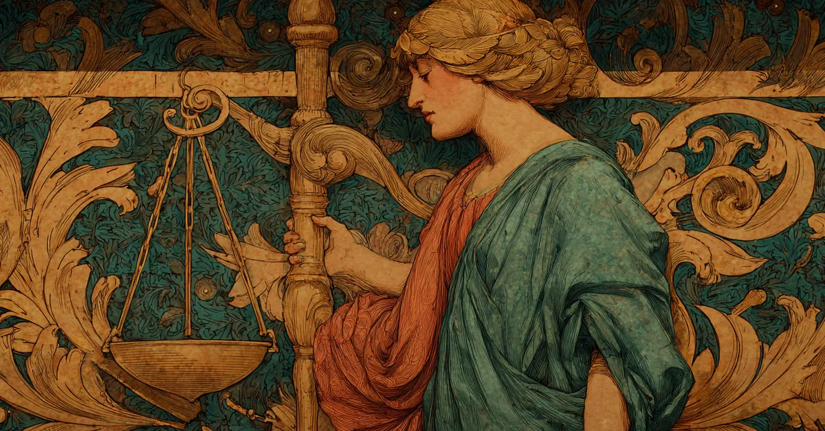 Court scroll beside balance scales symbolizing the judgments in Act 5 Scene 5