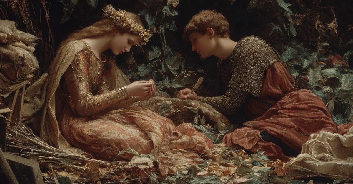 Two joined tokens in soft light hinting at the reconciliation in Act 5 Scene 6