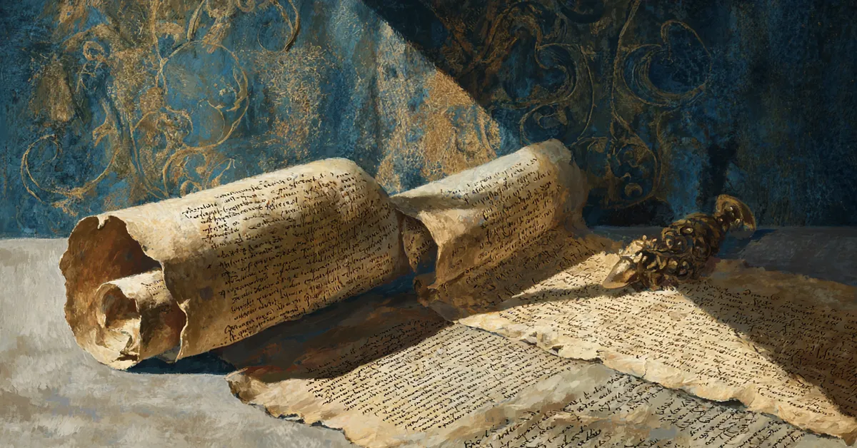 Ancient scroll partly unrolled with soft shadow falling across it symbolizing the scope of the full play and the story�s shifting loyalties