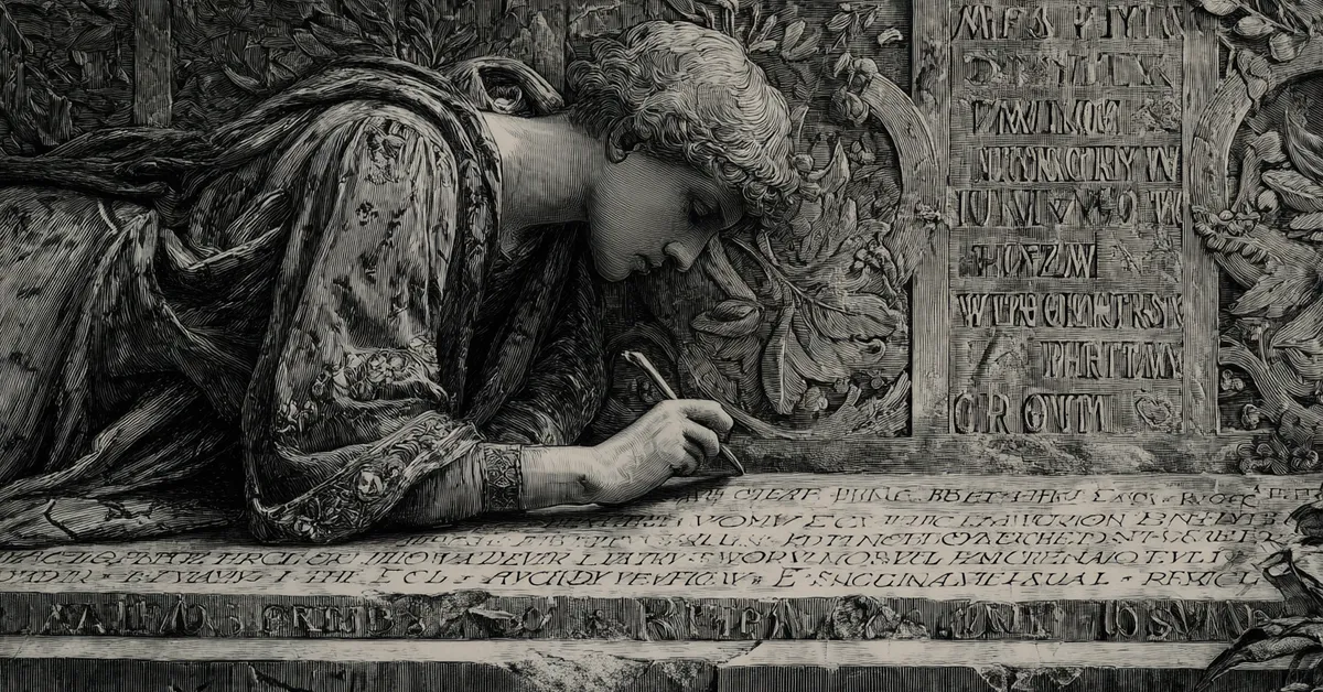 Stone tablet etched with key words and symbols referencing vocabulary themes from the play