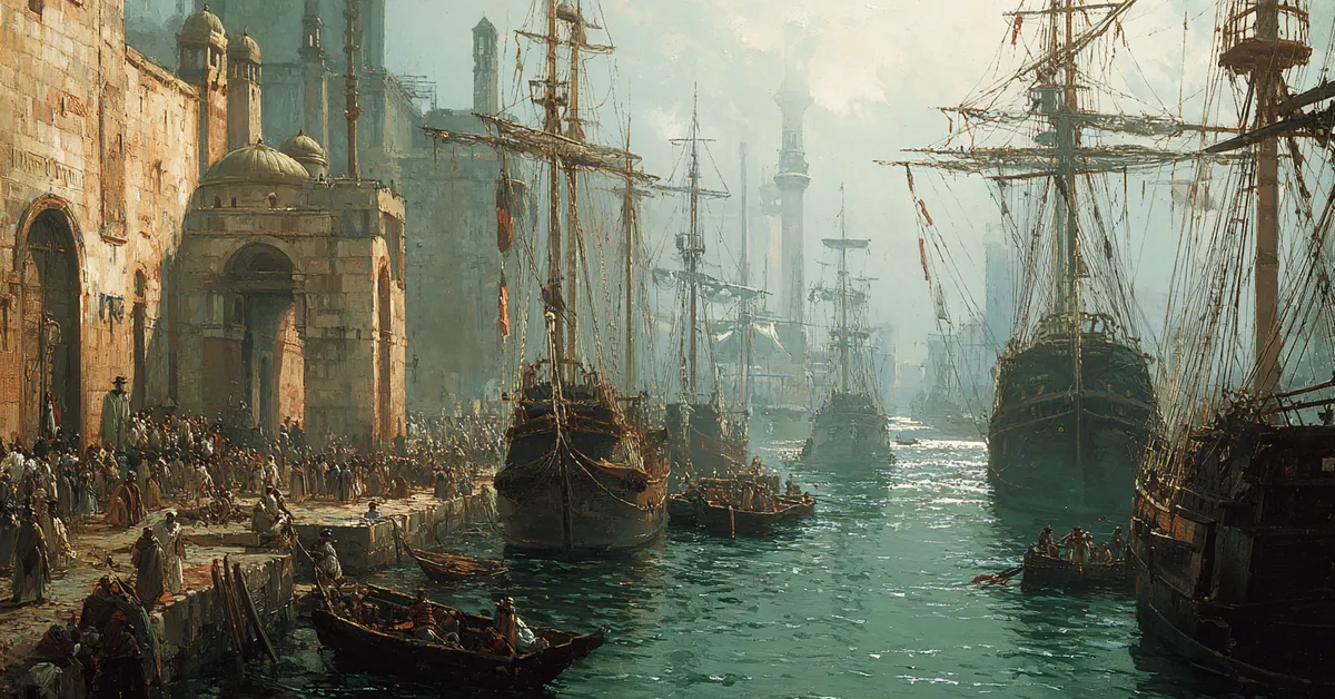 A stormy Cyprus harbor with ships rocking against the docks showing the shift in setting for Othello Act 2