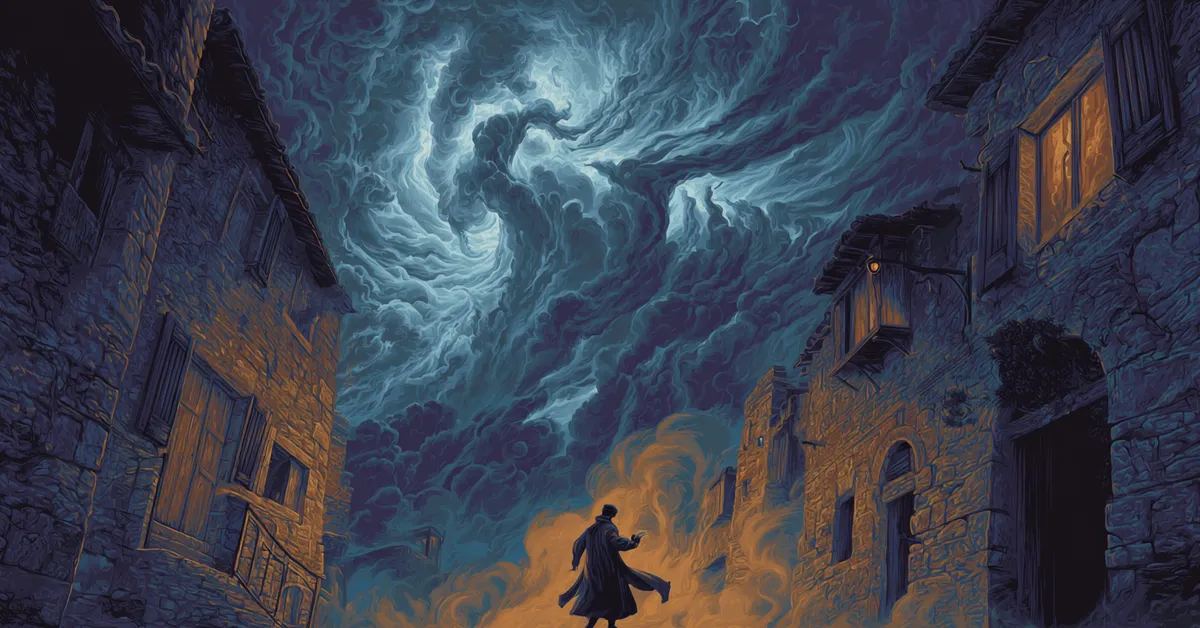 A dark alley under swirling storm clouds with a lone figure reacting to strange signs connecting to The Tragedy Of Julius Caesar Act 1 Scene 3