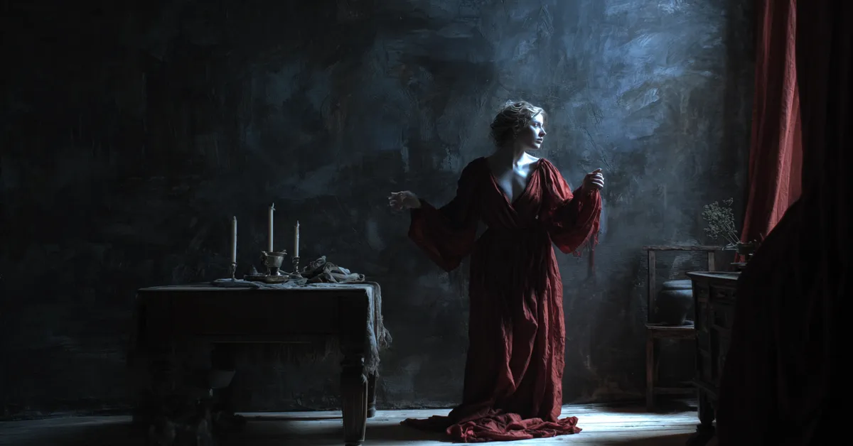 A dark castle room where Lady Macbeth wanders with guilt-ridden gestures referencing Macbeth Act 5 Scene 1
