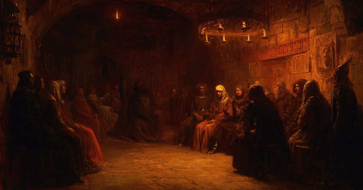 A dark chamber where members of the court huddle in whispering groups by torchlight anchoring the secret plotting in King John Act 4