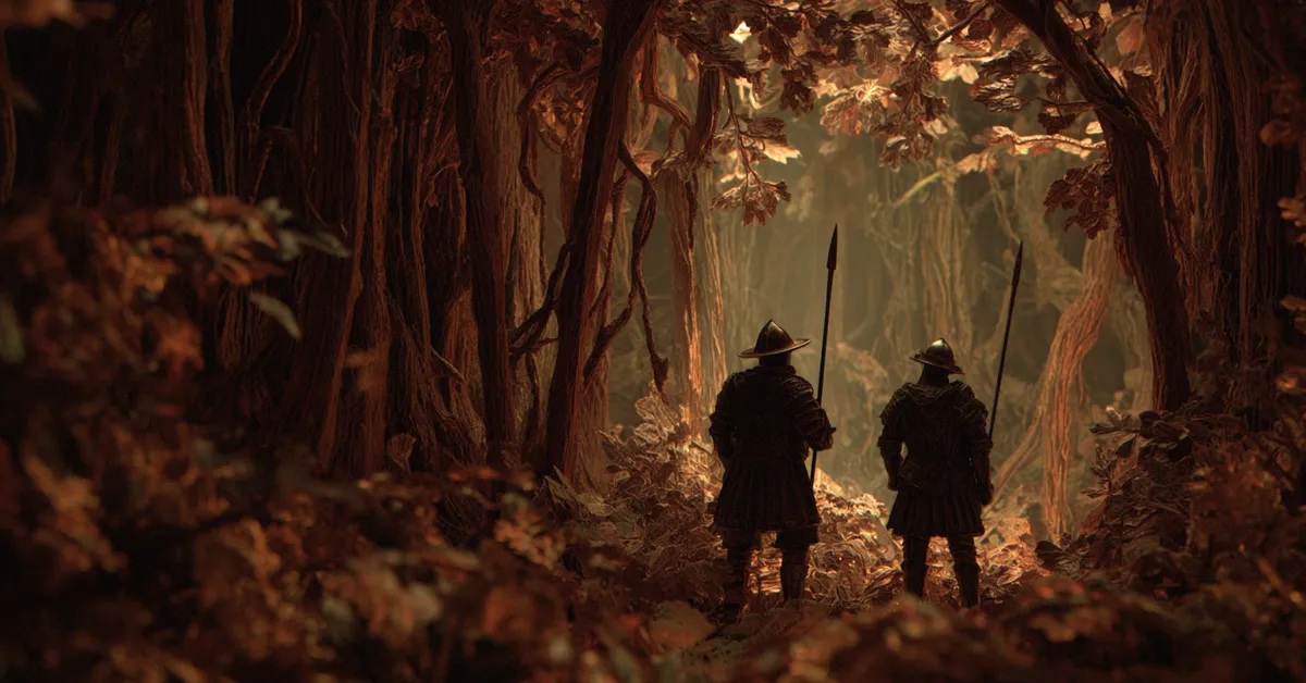 A shadowy forest clearing prepared for an ambush illustrating Troilus and Cressida Act 5 Scene 10