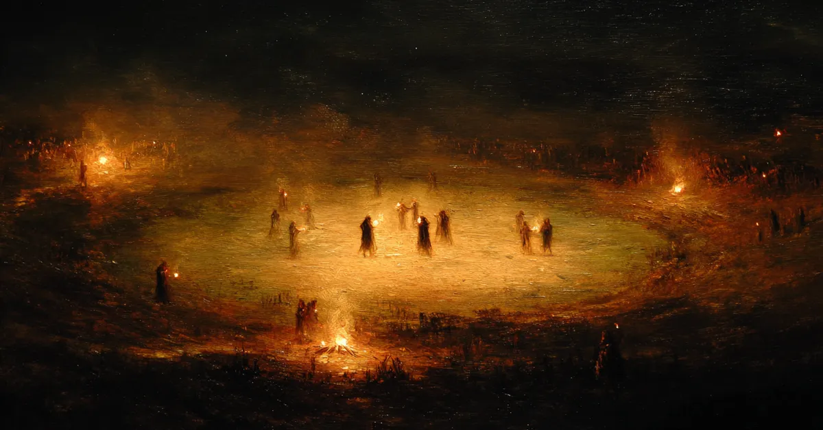 A dark heath lit by scattered torches where witches stand in a circle matching the supernatural tone of Macbeth Act 4