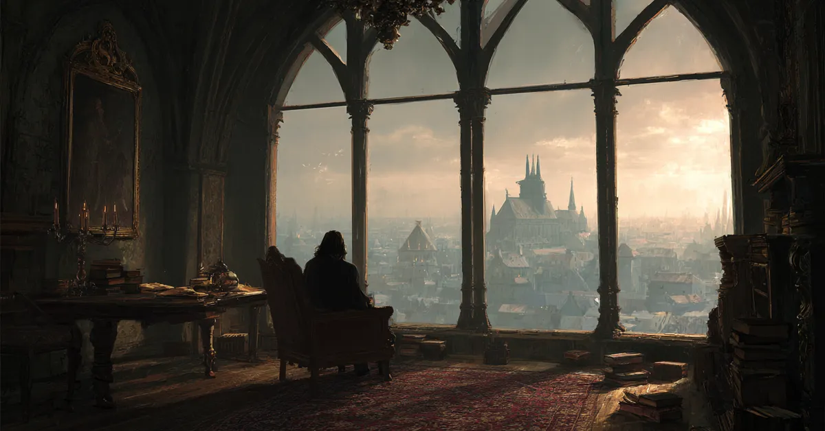 A dark tower chamber overlooking the city where a solitary figure contemplates power suggesting the tightening control in Richard III Act 4