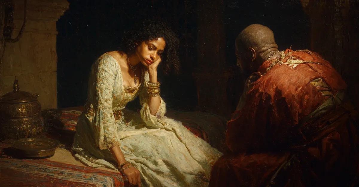 Desdemona in a dim chamber speaking with concern as shadows fall around her showing Othello Act 4 Scene 2