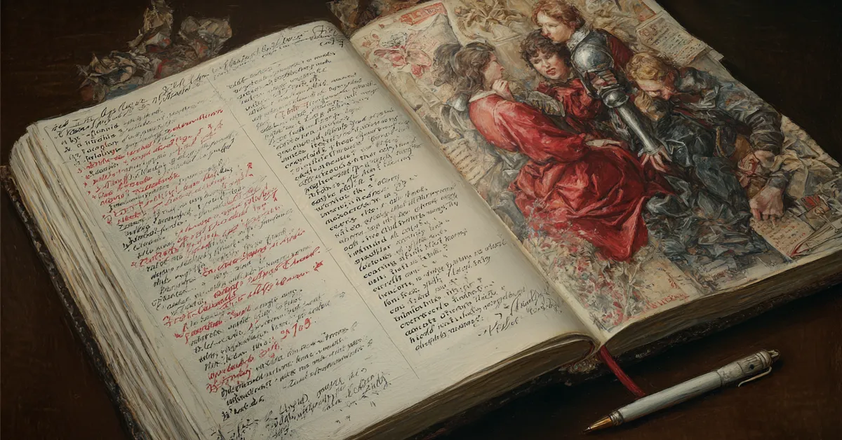 A dictionary open to archaic English terms with written margin notes reinforcing vocabulary study for The Two Noble Kinsmen