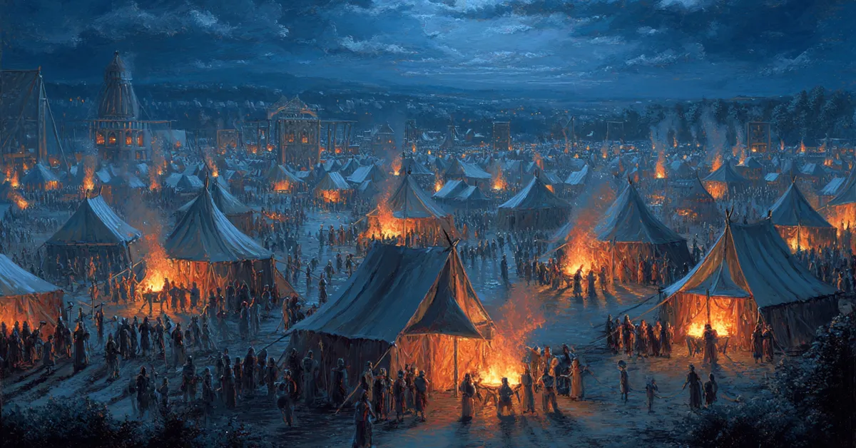 A dim battlefield encampment lit by torches with soldiers moving between tents referencing The Tragedy Of Julius Caesar Act 4 Scene 2