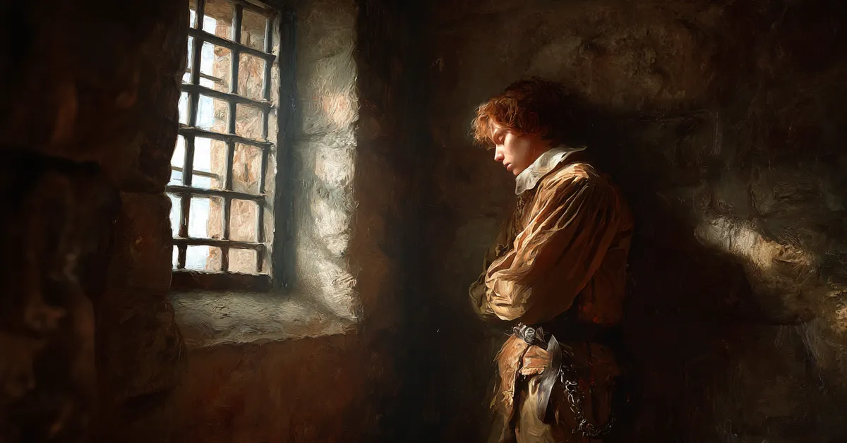 A small stone cell where a young prisoner stands near a barred window with light falling across his face anchoring the pathos of King John Act 4 Scene 1