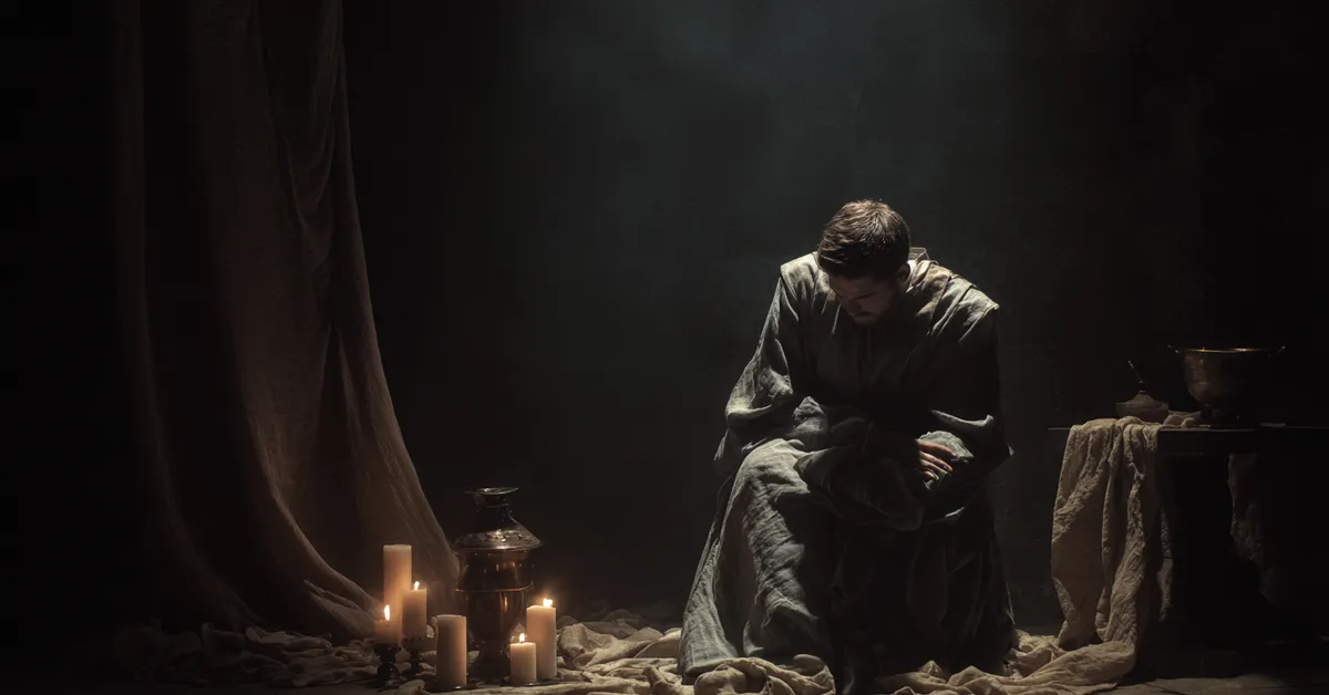 A dim chamber where Macbeth stands alone in conflicted thought illustrating Macbeth Act 1 Scene 7