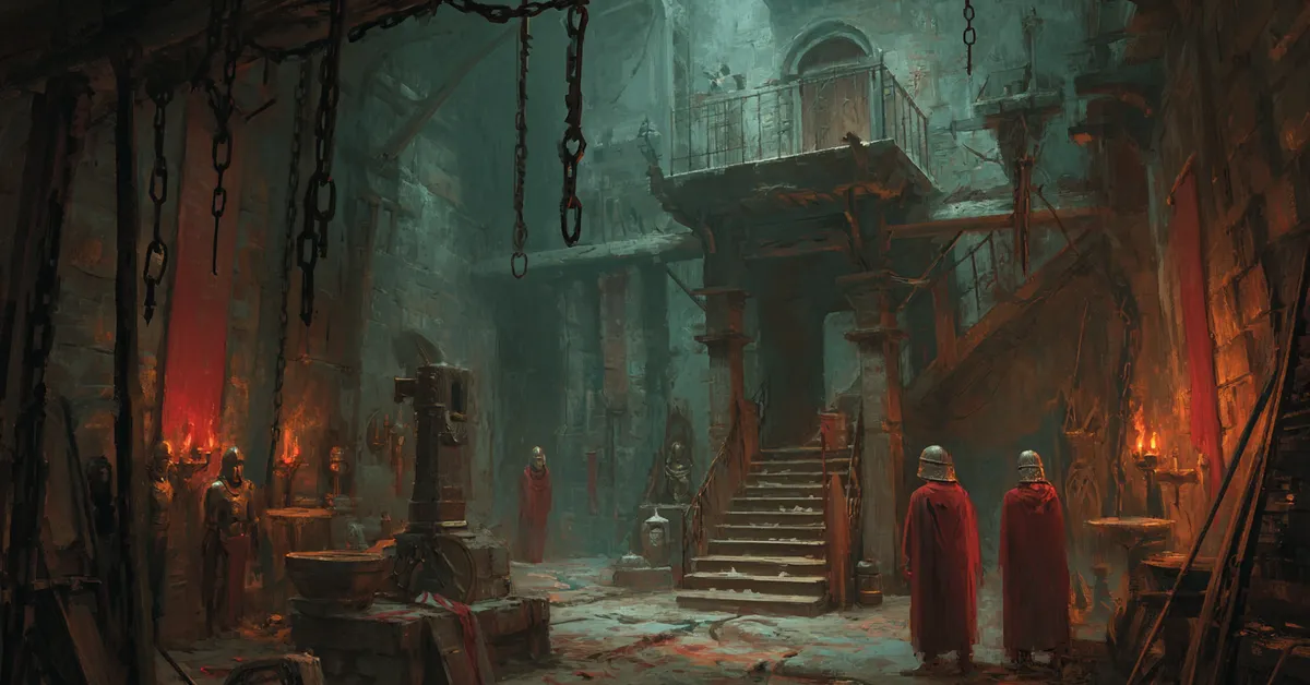 A dim dungeon where chains hang from the walls and guards stand watch marking Titus Andronicus Act 5 Scene 1