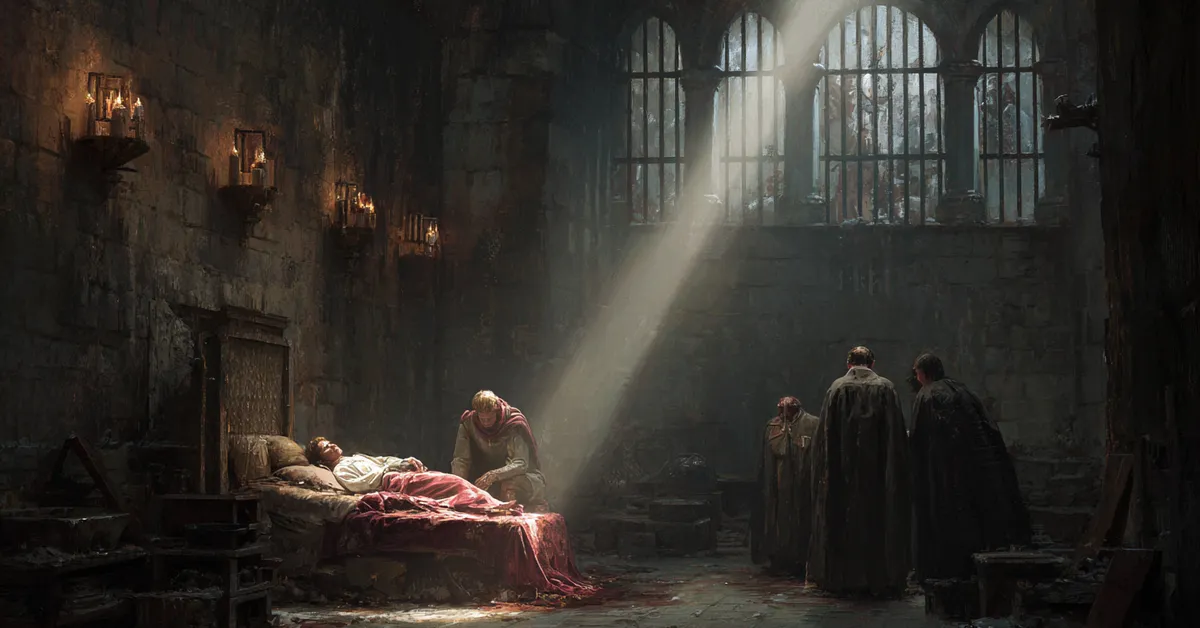 A dim dungeon where a thin beam of light falls through iron bars signaling the collapse of power in Richard II Act 4