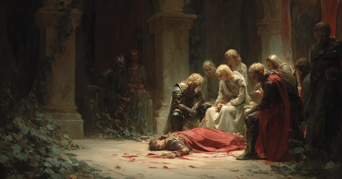 A dim hall where a grieving family gathers around a fallen figure highlighting the sorrow in Titus Andronicus Act 3