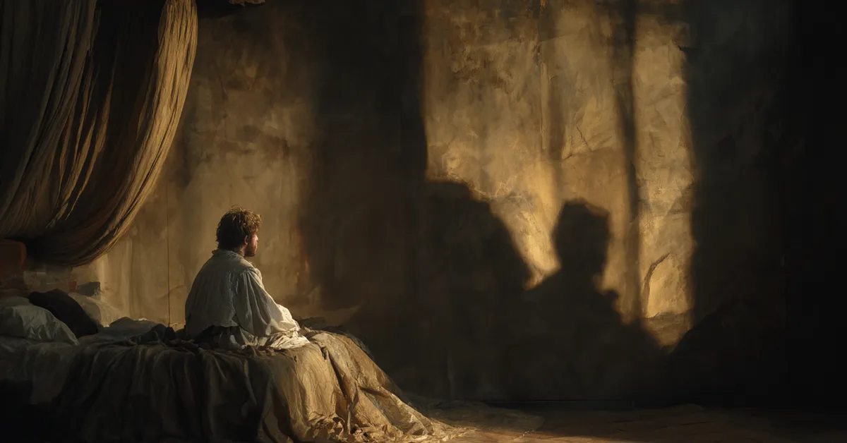 A dim royal chamber where a weary king sits on the edge of his bed with shadows on the wall suggesting the troubled rule of Henry IV Part 2 Act 1