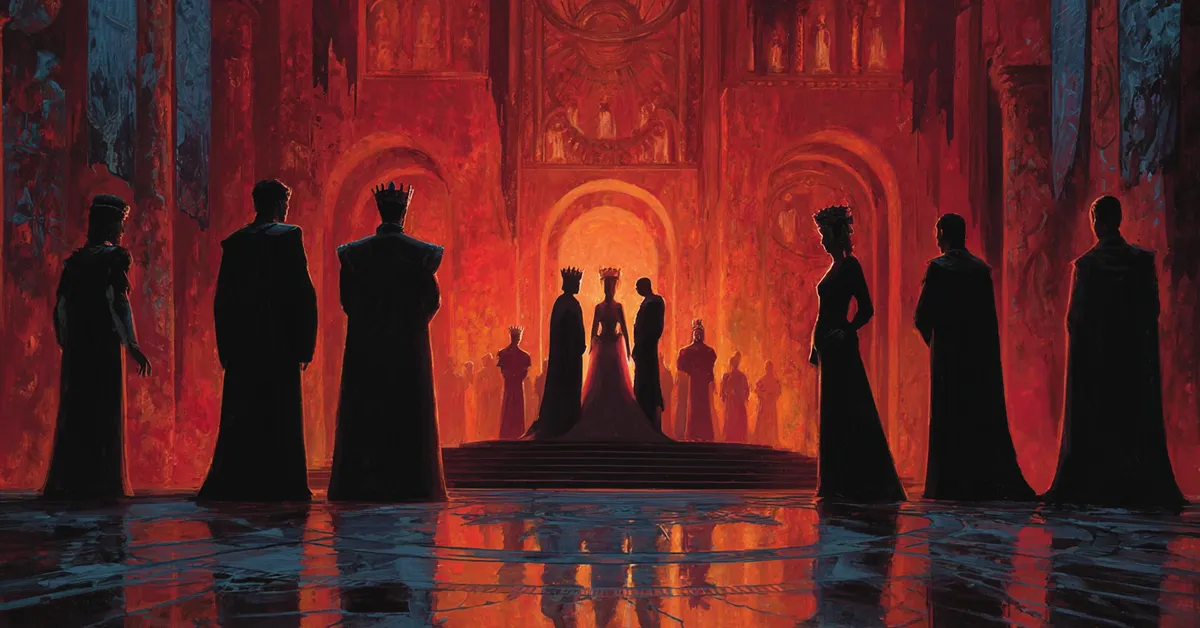 A dim throne room with royal silhouettes standing apart showing the strained court dynamics central to Hamlet Act 3
