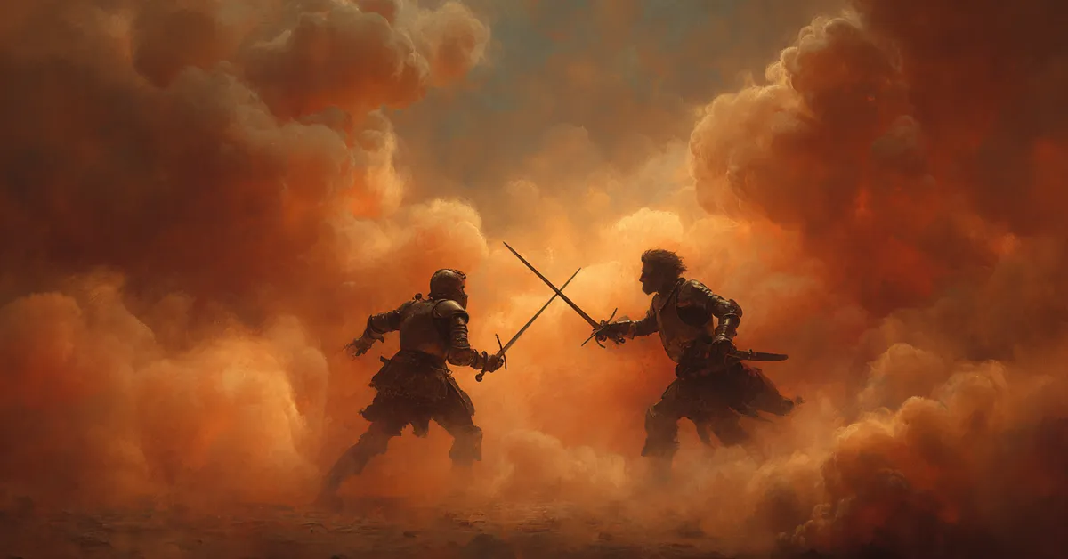 A duel amid swirling battle smoke with two armored fighters anchoring the climax in Henry IV Part 1 Act 5 Scene 4