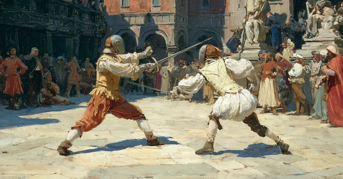 A Verona square where dueling swordsmen clash under the hot sun representing Romeo and Juliet Act 3 Scene 1