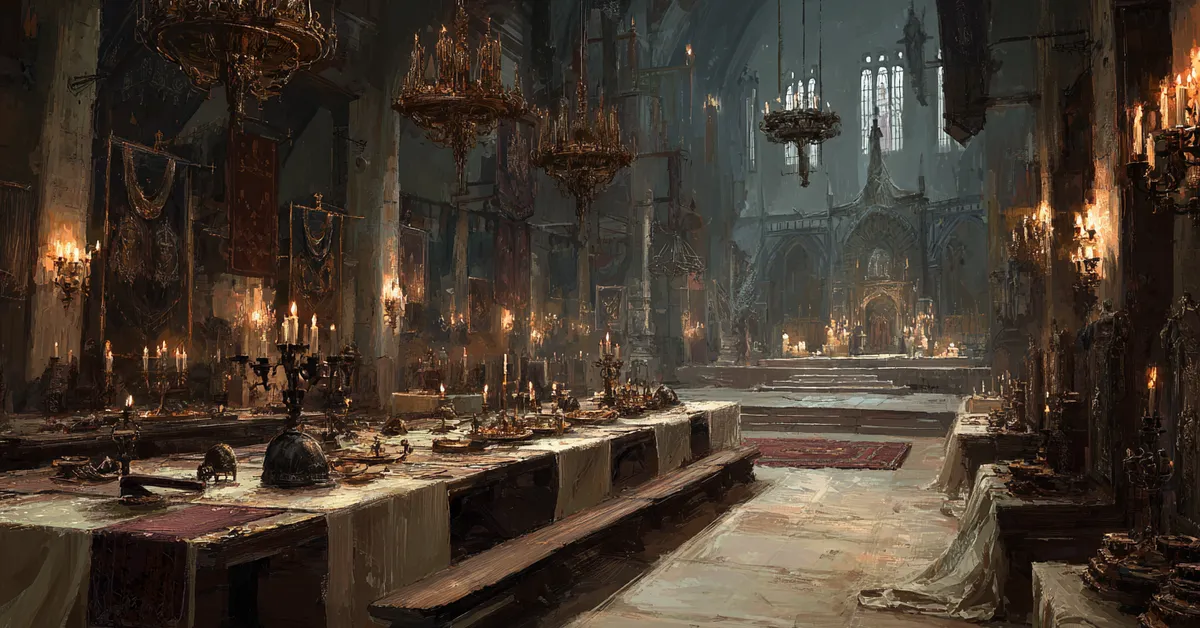 A grand hall with duel equipment laid out on a long table linking to preparations in Hamlet Act 4 Scene 7