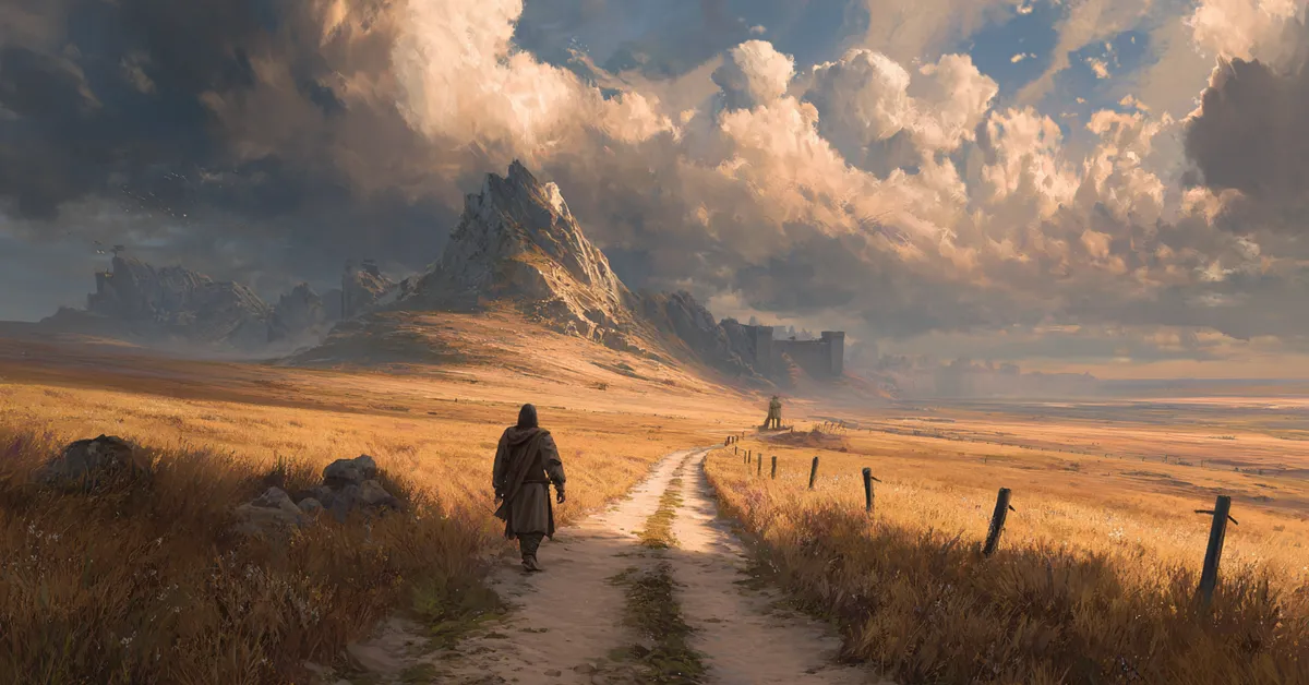 A dusty exile road where a lone traveler looks back toward England capturing banishment in Richard II Act 2 Scene 3