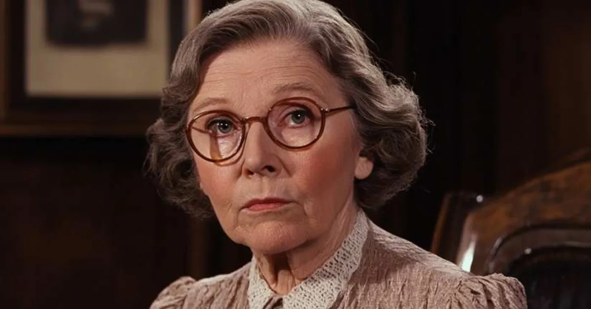An older woman with glasses seated in a formal room looking attentively toward the viewer