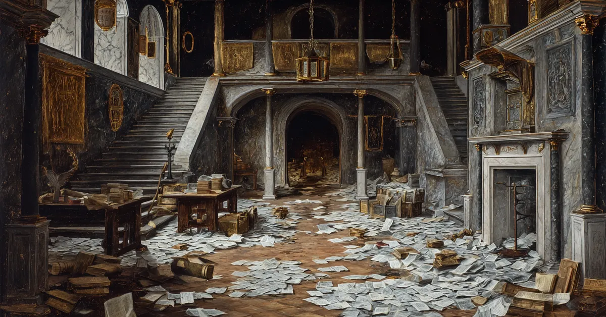 An empty hall with scattered ledgers and overturned chairs showing the financial collapse in Timon of Athens Act 3
