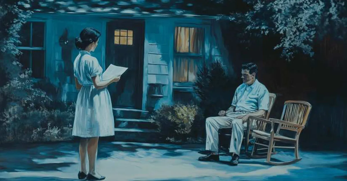 A woman reads from a paper to a seated man on a porch at night, lit by house light, reflecting All My Sons Act 2 mood.