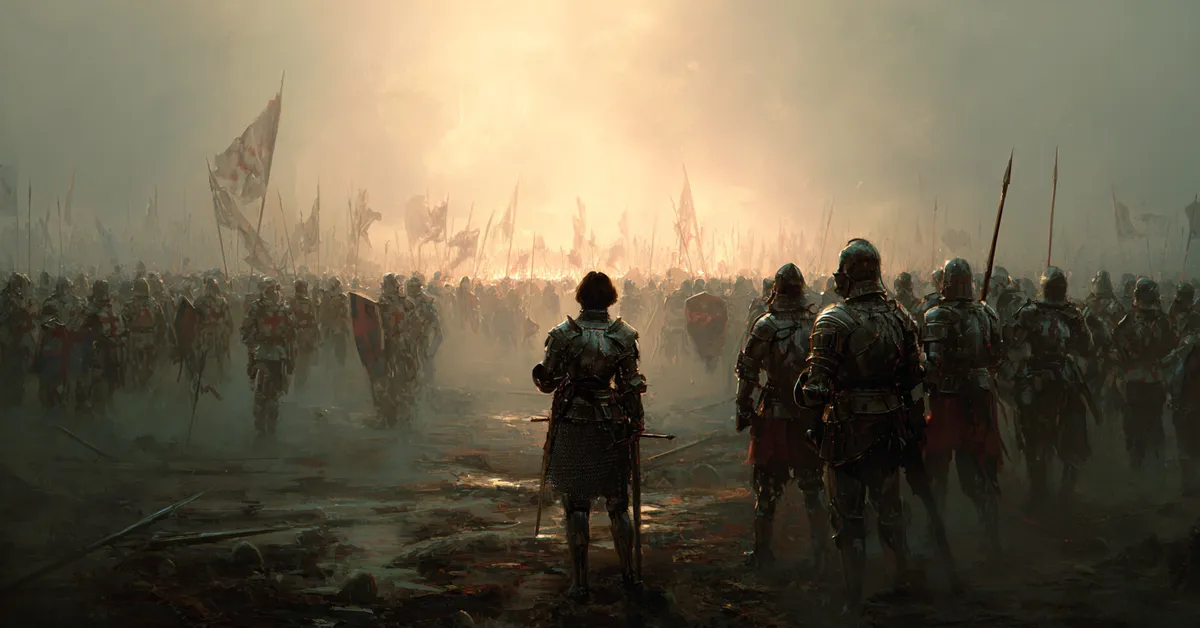 A dim battlefield before dawn where opposing soldiers face each other across misty ground capturing Richard III Act 5 Scene 3