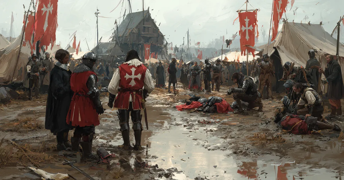 Fallen soldiers among raised banners on muddy ground tying to the aftermath in Henry IV Part 1 Act 5 Scene 3