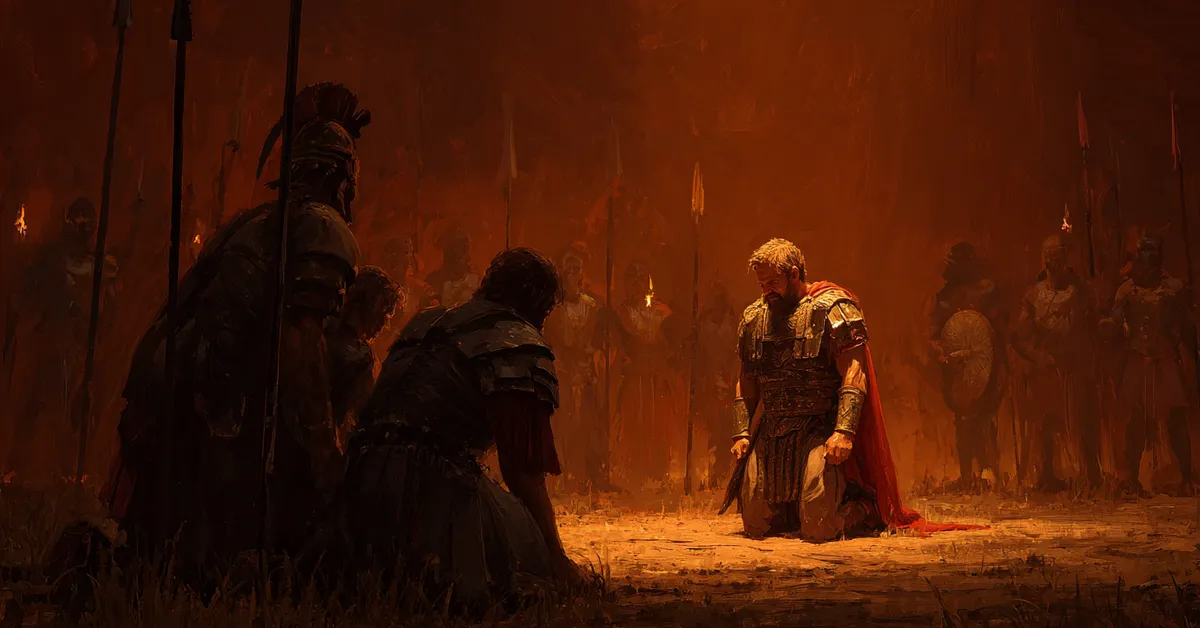 A family kneeling before a stern commander in a torchlit clearing showing Act 5 Scene 2