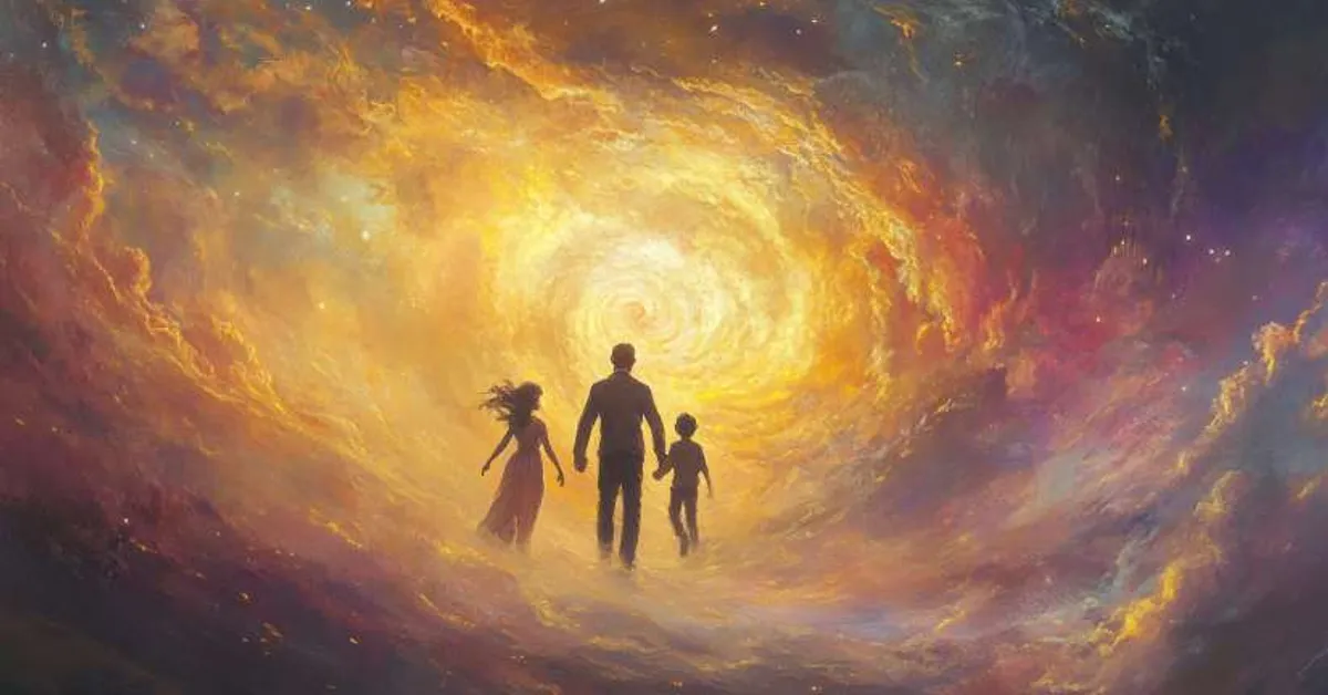 A family walks toward a glowing golden portal surrounded by swirling clouds symbolizing reunion in A Wrinkle In Time Chapter 12.