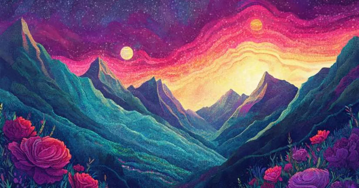 Vibrant fantasy landscape of twin suns over mountains and flowers symbolizing the worlds in A Wrinkle In Time Chapter 4.