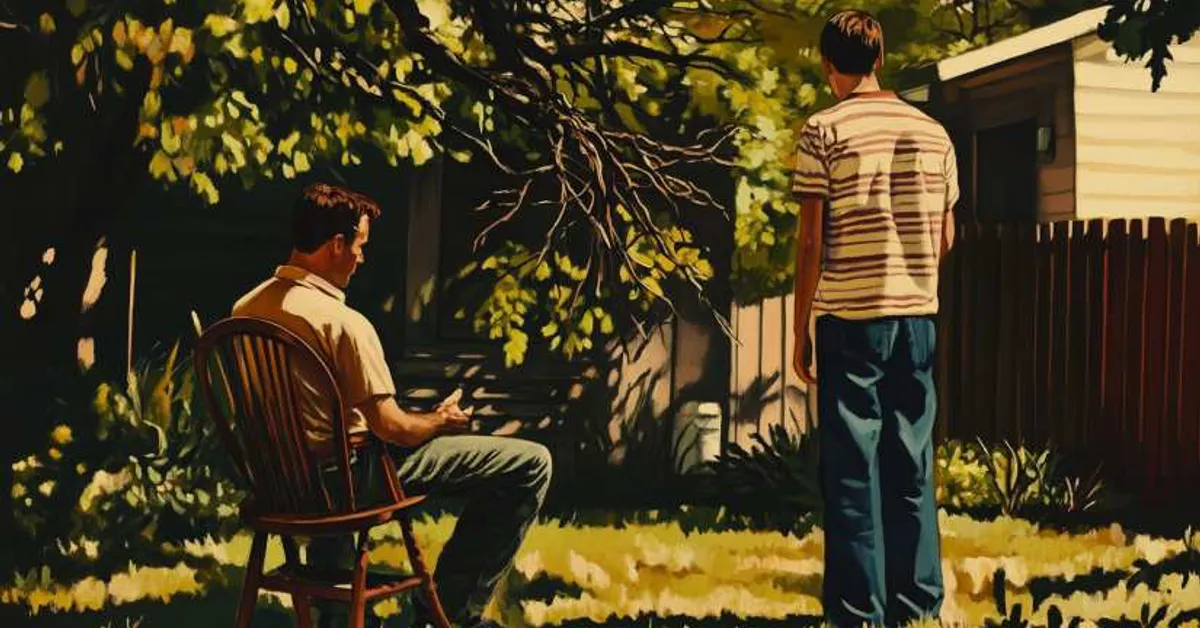 A man sits in a backyard chair while a younger man stands nearby under leafy branches, evoking All My Sons Act 1 tension.