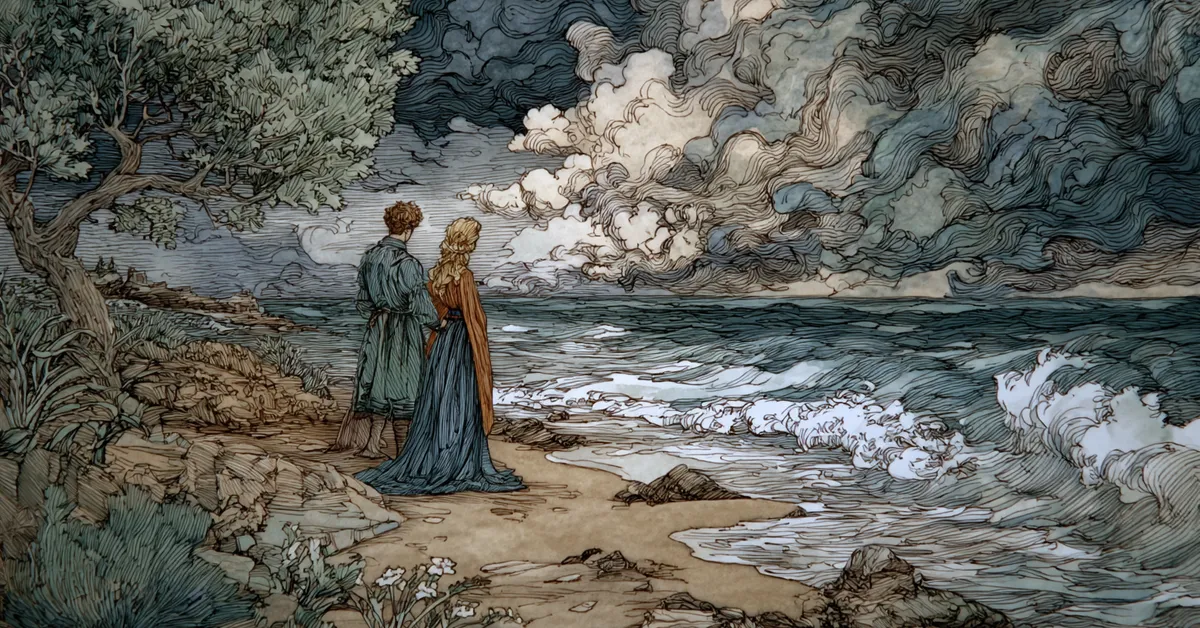 A bright seashore where long separated figures reunite beside a calm sea portraying The Tempest Act 5 Scene 1