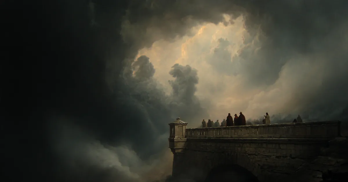 A foggy battlement where shadowed figures gather under storm clouds capturing the ominous beginning of Macbeth Act 1