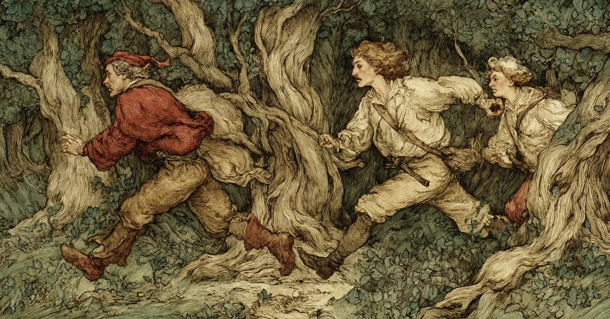 Two followers chasing a trickster through dense trees capturing the comic pursuit in The Tempest Act 3 Scene 2