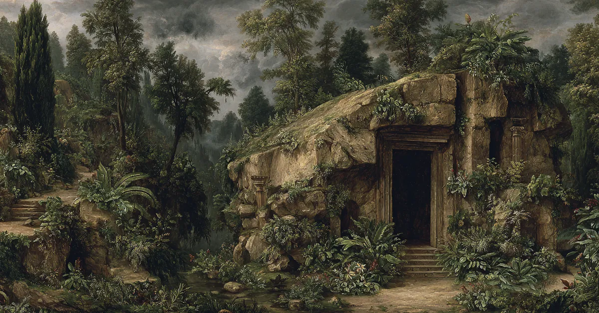 A forest cave surrounded by wild overgrowth and rough stone marking Timon�s withdrawal in Timon of Athens Act 4