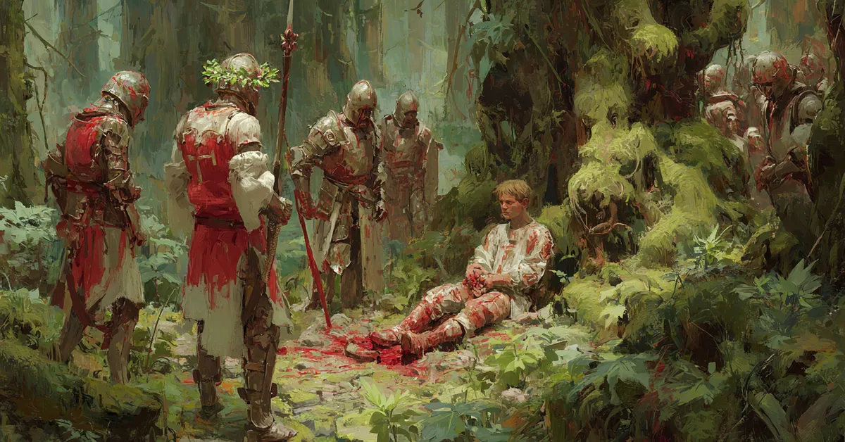 A forest clearing where a captured traveler is surrounded by armed figures showing Titus Andronicus Act 2 Scene 4