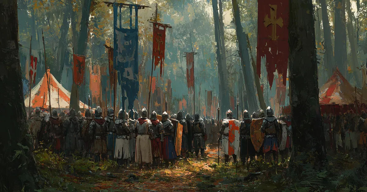 A forest clearing where men muster beneath raised banners illustrating the gathering of forces in Richard II Act 3 Scene 1