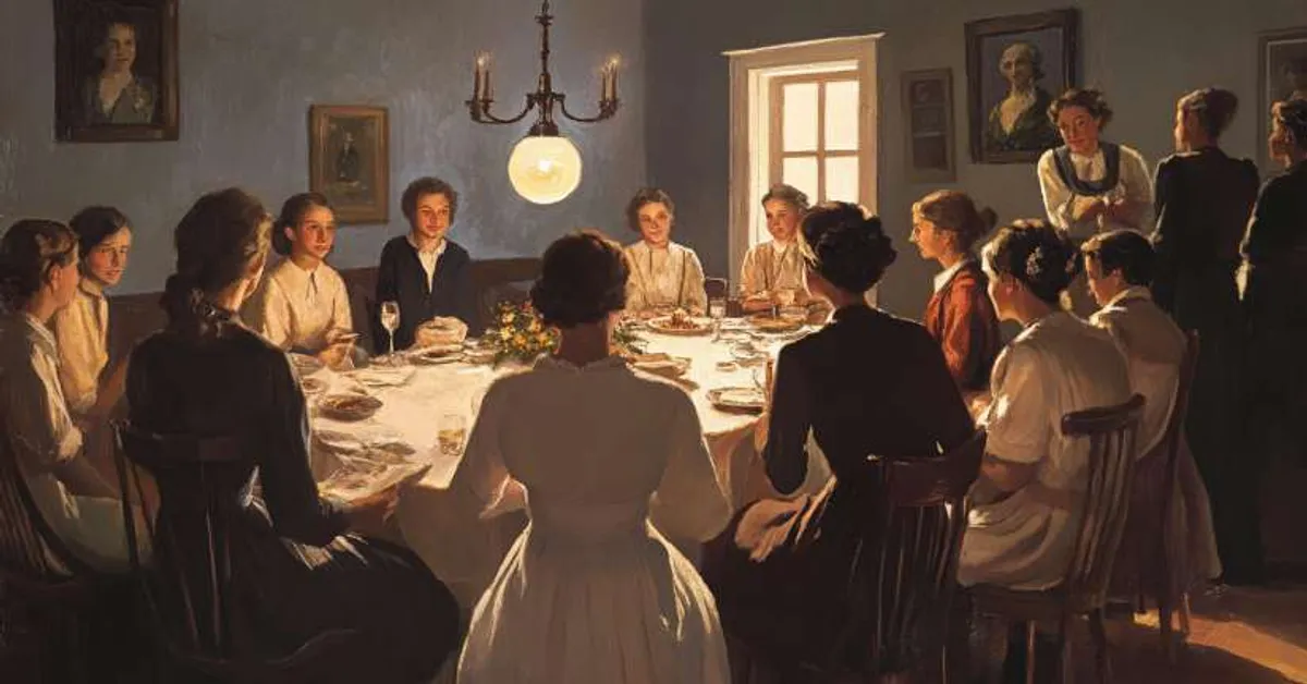 A large formal dinner gathering with guests seated around a long table in warm evening light